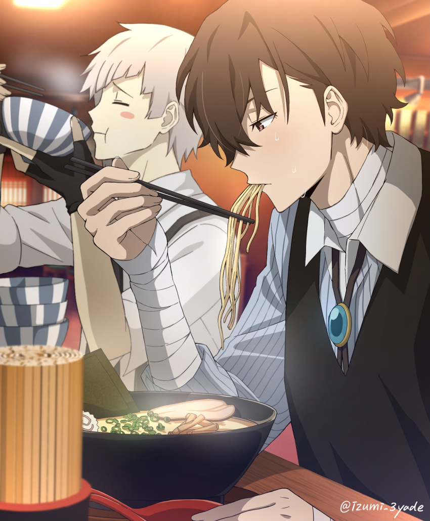 2boys, bandaged_arm, bandages, black_vest, bolo_tie, bowl, bungou_stray_dogs, chewing, chopsticks, closed_eyes, collared_shirt, dazai_osamu_(bungou_stray_dogs), eating, fingerless_gloves, food, gloves, grey_hair, highres, indoors, izumi3_desuyo, jacket, long_sleeves, multiple_boys, nakajima_atsushi_(bungou_stray_dogs), noodles, parody, ramen, shirt, short_hair, style_parody, suspenders, sweat, vest, white_shirt