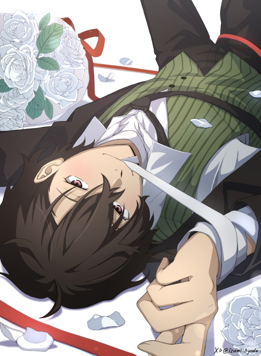 1boy, absurdres, bandaged_arm, bandages, black_necktie, bouquet, brown_hair, bungou_stray_dogs