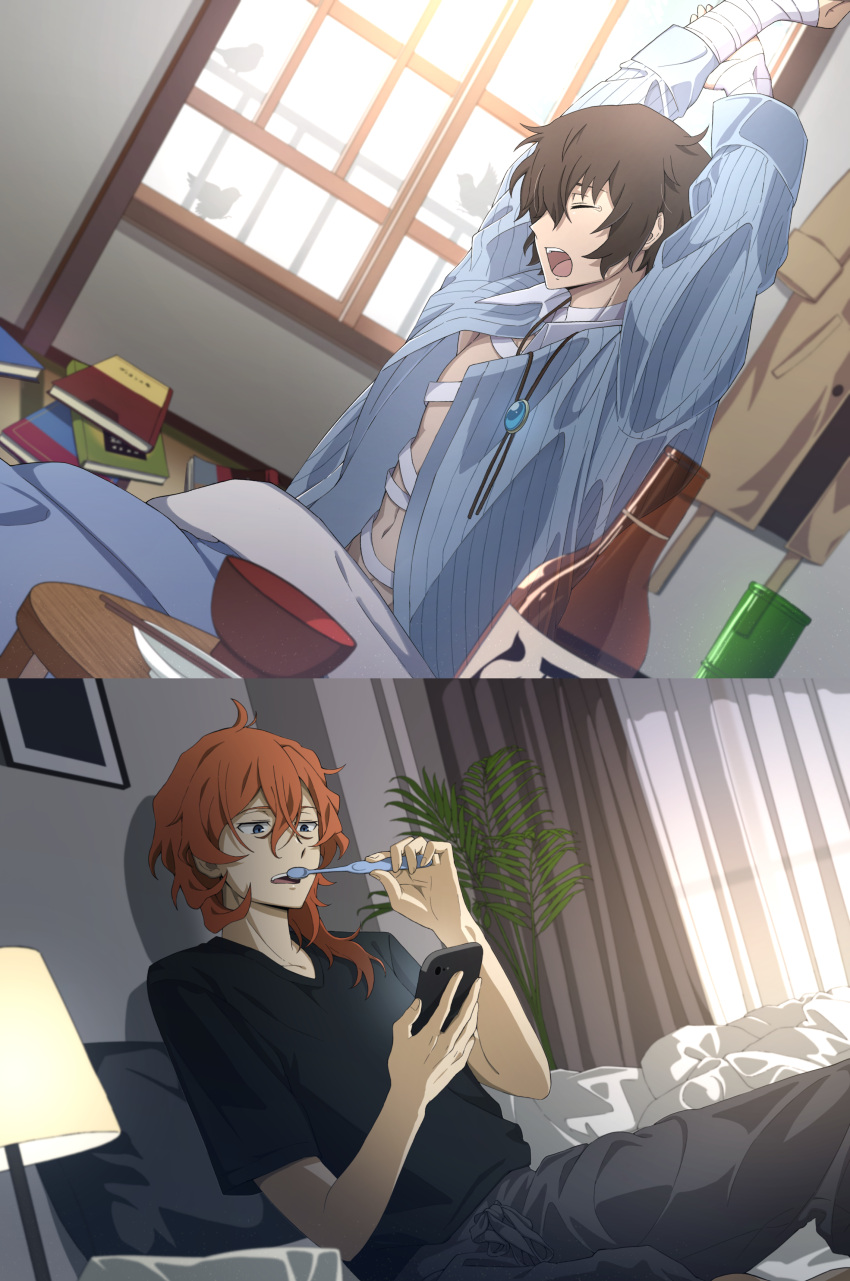 2boys, absurdres, bandaged_arm, bandages, black_shirt, blue_eyes, bolo_tie, book