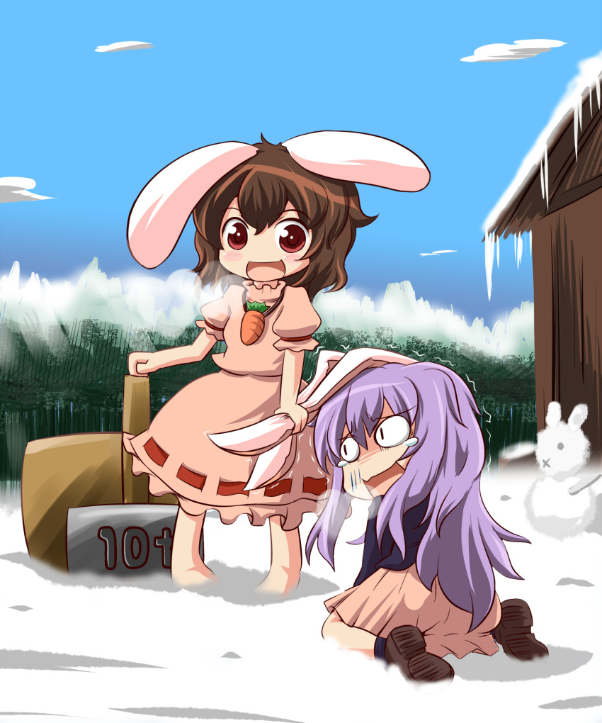 :d, :x, animal_ears, brown_hair, bunny_ears, chibi, dokuta, ear_grab