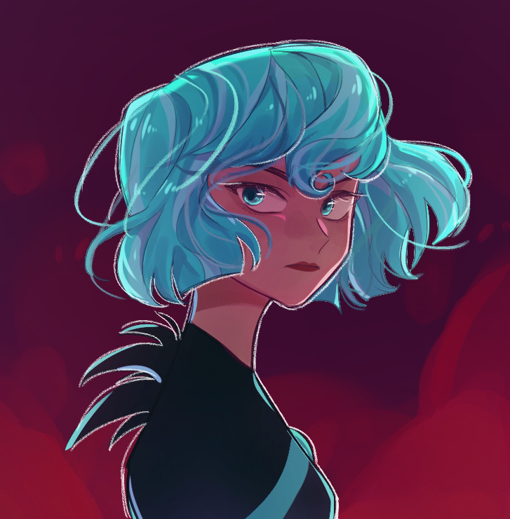 1girl, abstract_background, black_bodysuit, blue_eyes, blue_gemstone, blue_hair, bodysuit, breasts, cassandra_(tangled), chest_jewel, from_side, gem, hair_between_eyes, looking_back, medium_breasts, red_background, short_hair, solo, tangled, tangled:_the_series, tr_cc, upper_body