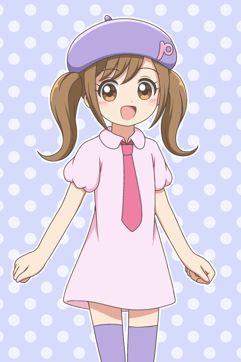 1girl, :d, bandai, beret, blush, broadcaster_connection, brown_eyes, brown_hair