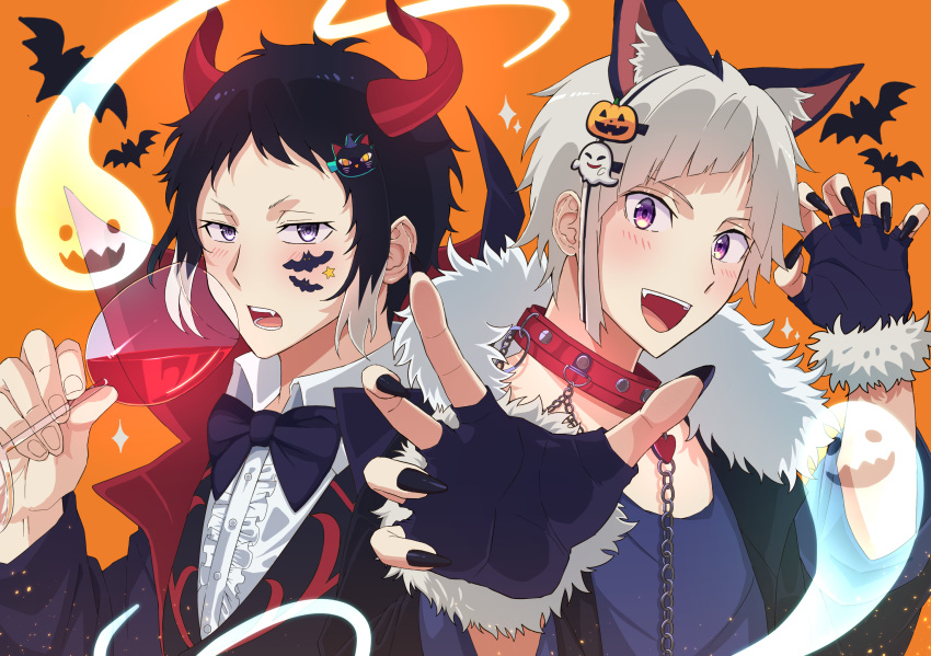 2boys, akutagawa_ryuunosuke_(bungou_stray_dogs), animal_ears, bat_(animal), black_bow, black_bowtie, black_hair, bow