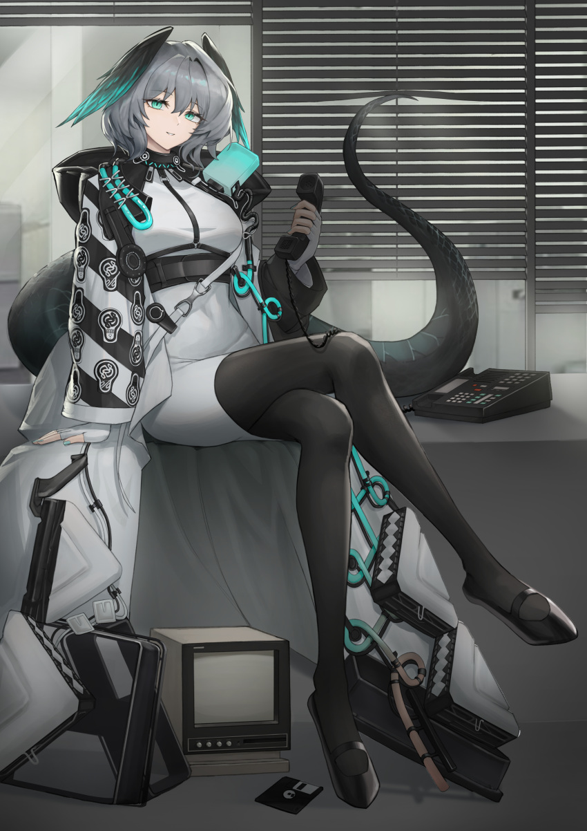1girl, absurdres, aqua_eyes, aqua_nails, arknights, black_footwear, black_pantyhose, coat, corded_phone, crossed_legs, dress, fingerless_gloves, fingernails, floppy_disk, full_body, gloves, grey_hair, hair_between_eyes, head_wings, highres, ho'olheyak_(arknights), holding, holding_phone, indoors, long_sleeves, looking_at_viewer, monitor, nail_polish, office, open_clothes, open_coat, pantyhose, phone, puffy_long_sleeves, puffy_sleeves, shoes, short_dress, short_hair, sitting, smile, solo, tail, tail_raised, white_coat, white_dress, white_gloves, wings, youngou_(uppark4425)
