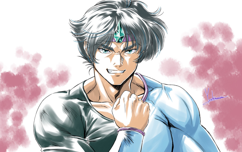 1boy, balcony, blue_eyes, clenched_hand, commentary_request, gem, grin, headband, hiba-oh_dan, highres, male_focus, muscular, muscular_male, pectorals, portrait, purple_headband, signature, smile, solo, tenkuu_senki_shurato, yoshinaga_masahiro