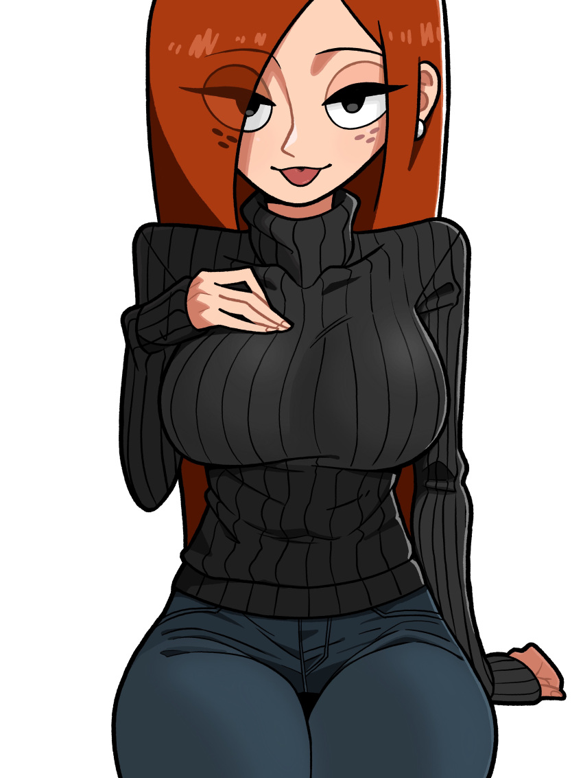 1girl, absurdres, black_eyes, black_sweater, breasts, earrings, eyes_visible_through_hair, freckles