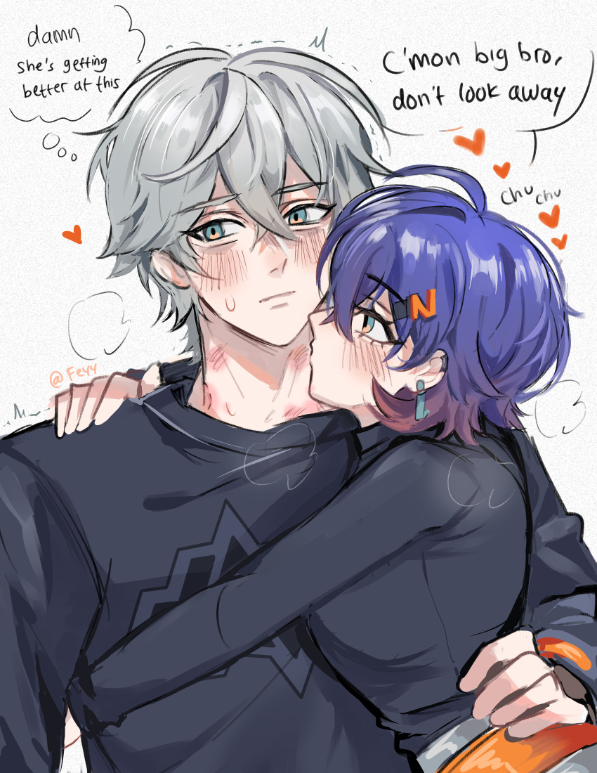 1boy, 1girl, belle_(zenless_zone_zero), black_shirt, blue_hair, blush, brother_and_sister, english_commentary, felichiii, grey_hair, highres, hug, incest, kiss, kissing_neck, looking_at_viewer, shirt, siblings, speech_bubble, thought_bubble, wise_(zenless_zone_zero), zenless_zone_zero