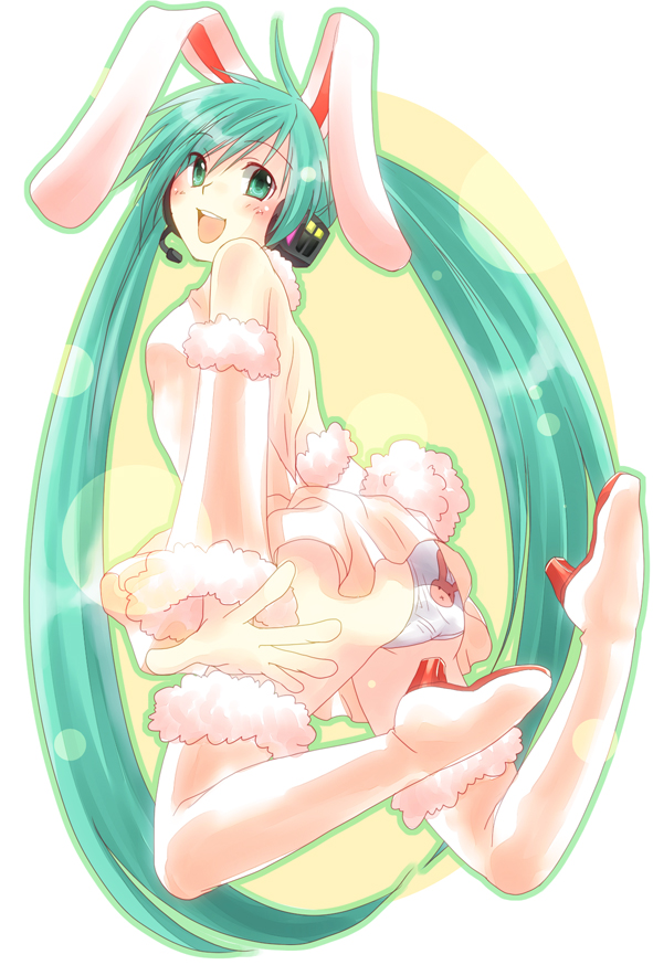 :d, animal_ears, aqua_hair, boots, bunny_ears, bunny_tail, detached_sleeves, green_eyes