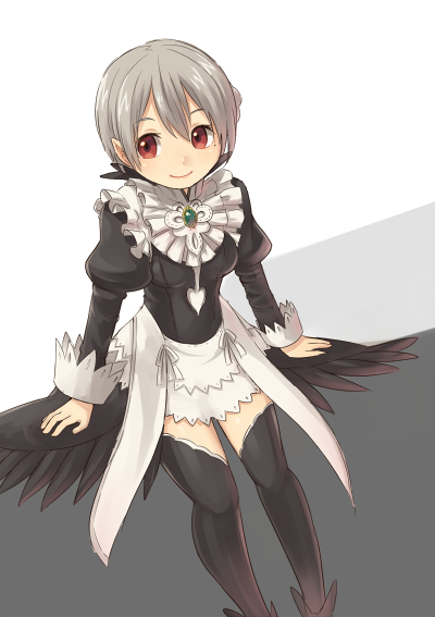 1girl, alternate_costume, alternate_hairstyle, apron, black_dress, black_feathers, black_thighhighs, corrin_(female)_(fire_emblem)