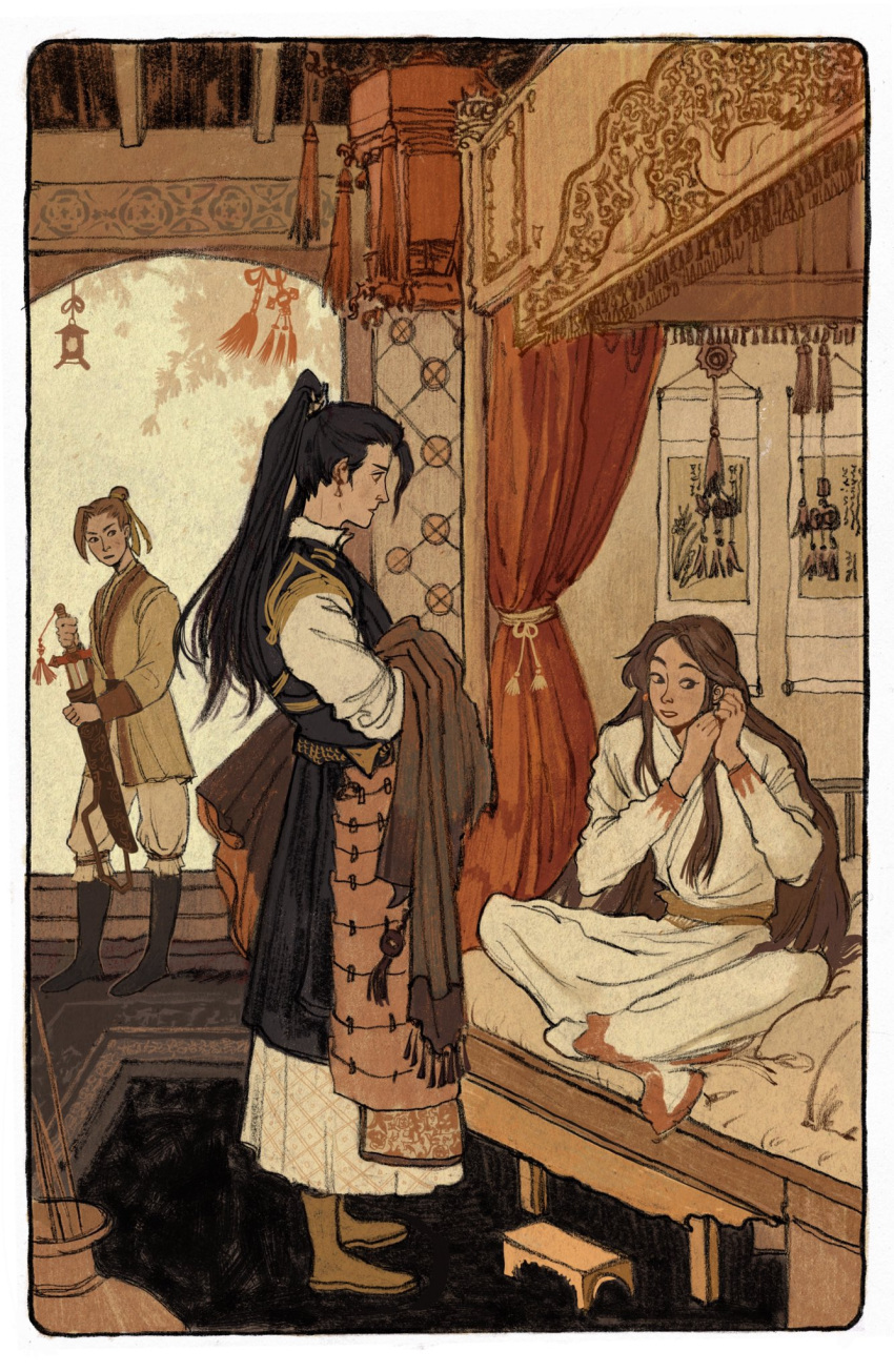 3boys, analogous_colors, bed, black_eyes, black_hair, black_tunic, border, brown_eyes