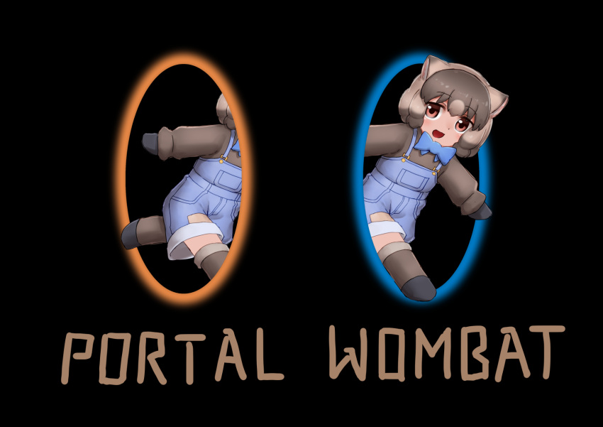 animal_ears, artist_request, black_background, blue_bow, blue_bowtie, blue_overalls, bow, bowtie, brown_eyes, brown_hair, chibi, chibi_only, common_wombat_(kemono_friends), gloves, highres, kemono_friends, long_sleeves, looking_at_viewer, medium_hair, mortal_kombat, mortal_kombat_(series), multicolored_hair, open_mouth, overall_shorts, overalls, parody, portal_(object), portal_(series), simple_background, smile, sweater, thigh-highs, title_parody, walking, yonkuron