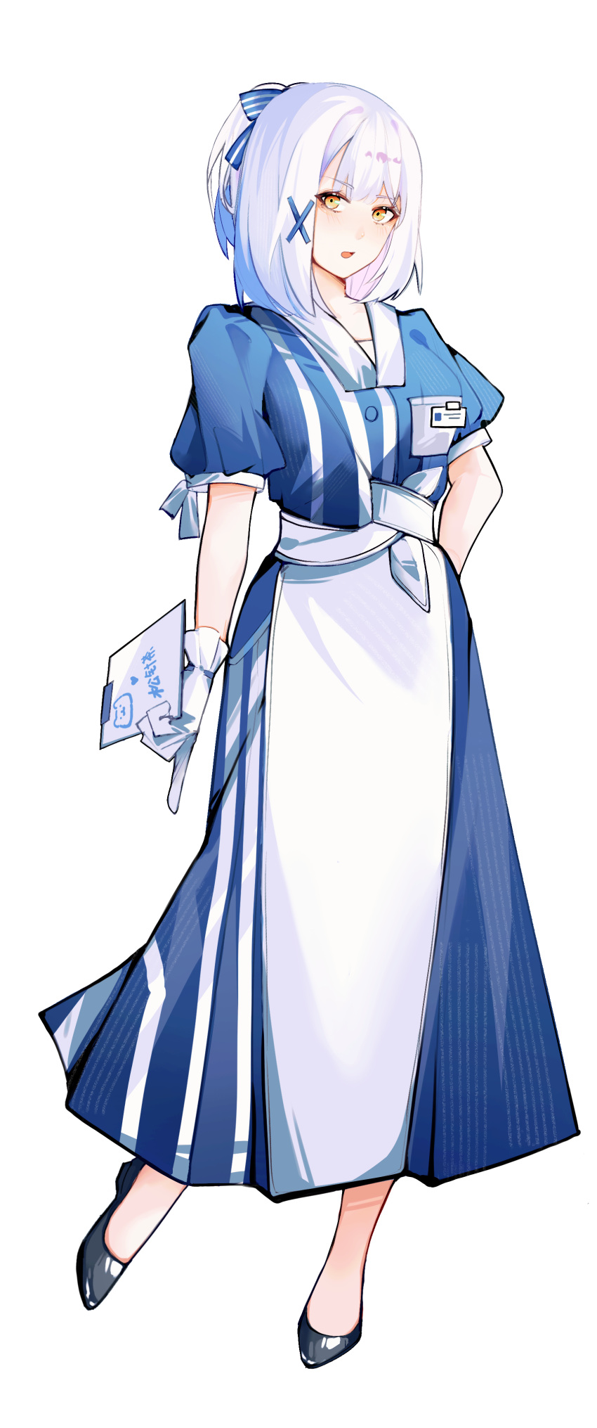 1girl, :o, absurdres, belt, black_footwear, blue_bow, blue_dress, bow