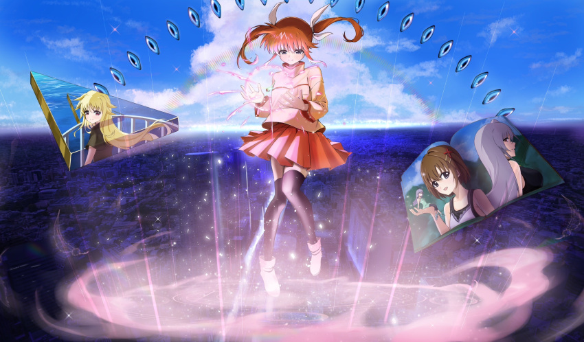 02pikapika, 5girls, blonde_hair, blue_eyes, breasts, brown_hair, fate_testarossa, fingerless_gloves, full_body, gloves, hair_ribbon, highres, long_hair, lyrical_nanoha, multiple_girls, red_eyes, ribbon, side_ponytail, skirt, sky, solo, takamachi_nanoha, twintails, violet_eyes, yagami_hayate
