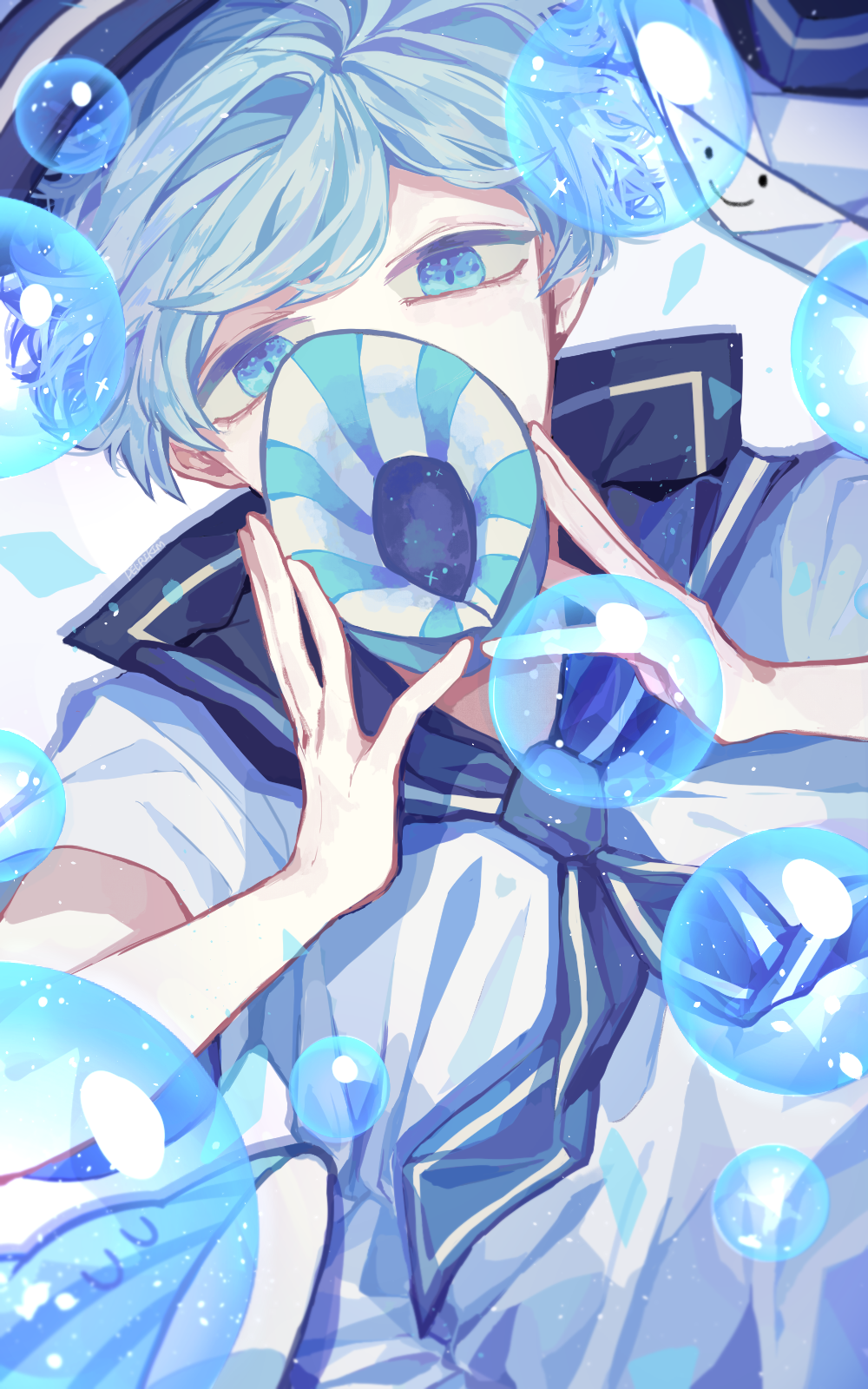 1other, blue_eyes, blue_hair, cookie_run, cookie_run:_kingdom, hat, highres, holding, humanization, long_sleeves, looking_at_viewer, multiple_others, other_focus, pelri033, peppermint_cookie, sailor_collar, sailor_hat, shirt, short_hair, short_sleeves, simple_background, smile, solo, white_background, white_shirt
