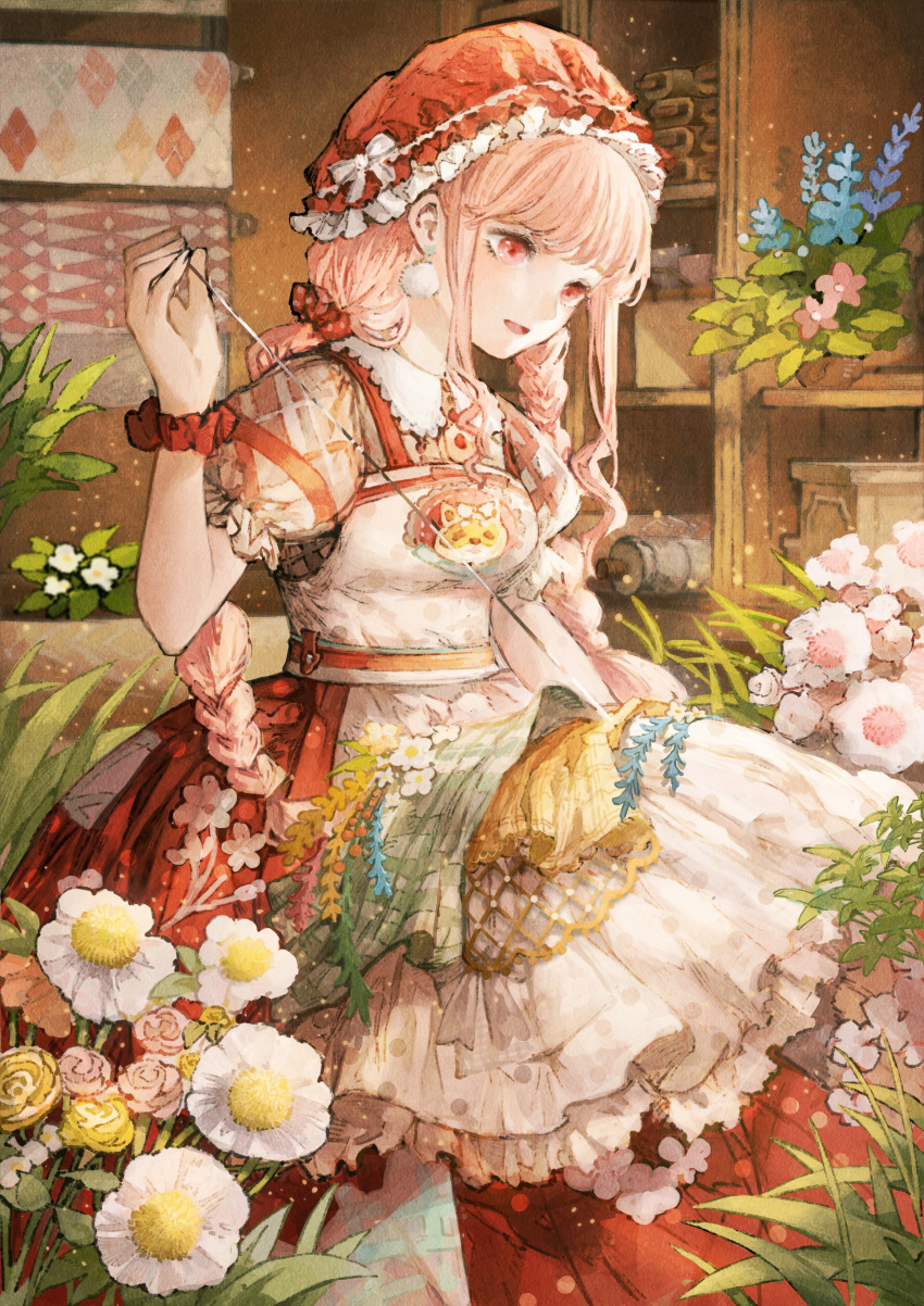 1girl, absurdres, apron, baiguiyu, blue_flower, blunt_bangs, bow, box