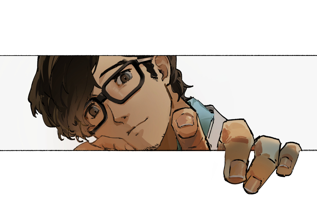 1boy, a_osora511, beard_stubble, black-framed_eyewear, blue_shirt, brown_eyes, brown_hair, facial_hair