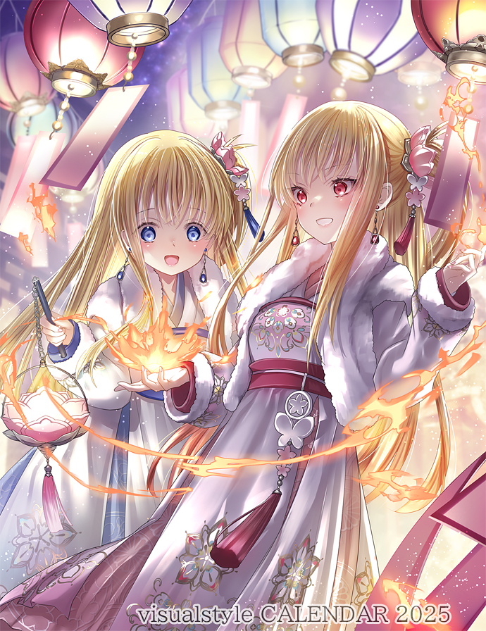 2girls, blonde_hair, blue_eyes, charlotte_(anime), chinese_clothes, fire, hane_segawa, hanfu