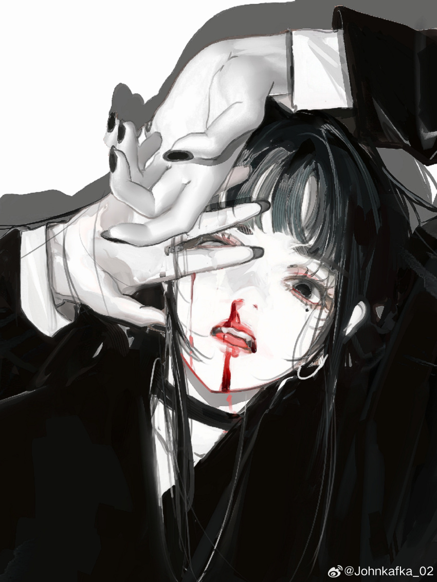 1girl, absurdres, black_eyes, black_hair, black_jacket, black_nails, blood, choker