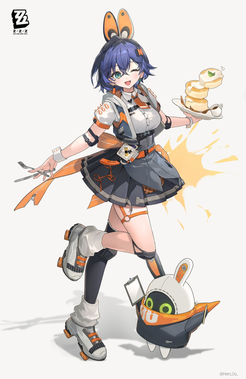 1girl, alternate_costume, bangboo_(zenless_zone_zero), belle_(zenless_zone_zero), black_thighhighs, blue_hair, cake, crossed_bangs