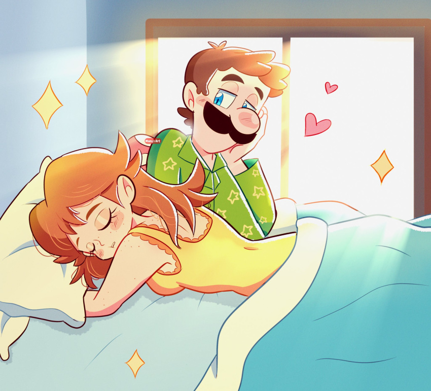 1boy, 1girl, bed, bedroom, blanket, blue_eyes, brown_hair, closed_eyes, couple, facial_hair, freckles, green_pajamas, head_on_pillow, heart, hetero, highres, indoors, looking_at_another, luigi, manysart1, mario_(series), morning, mustache, nintendo, orange_hair, pajamas, pillow, princess, princess_daisy, sleeping, sparkle, sunlight, super_mario_bros., window