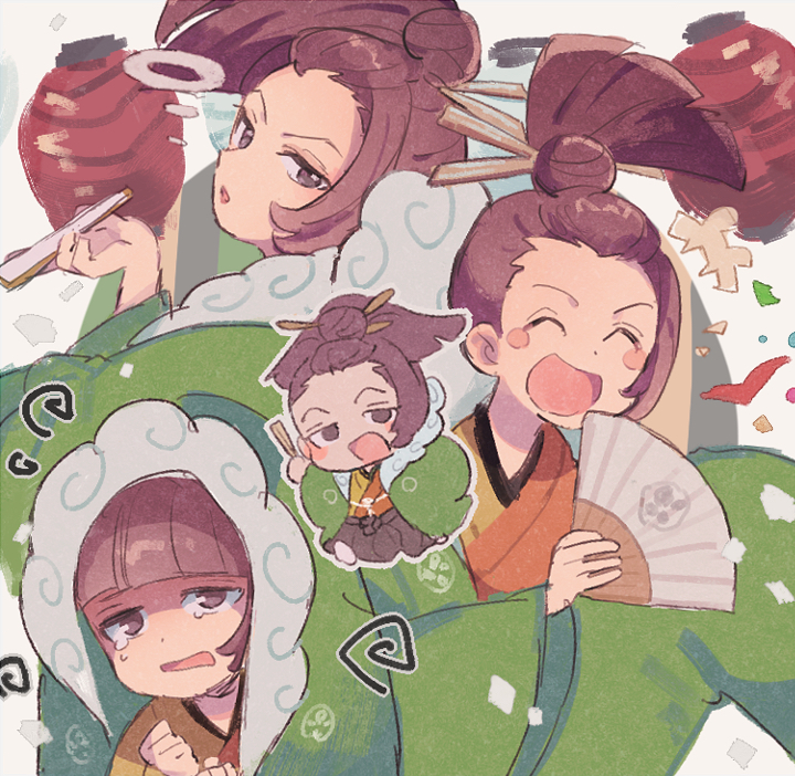 4boys, :d, :o, ace_attorney, blush_stickers, brown_eyes, brown_hair, chibi
