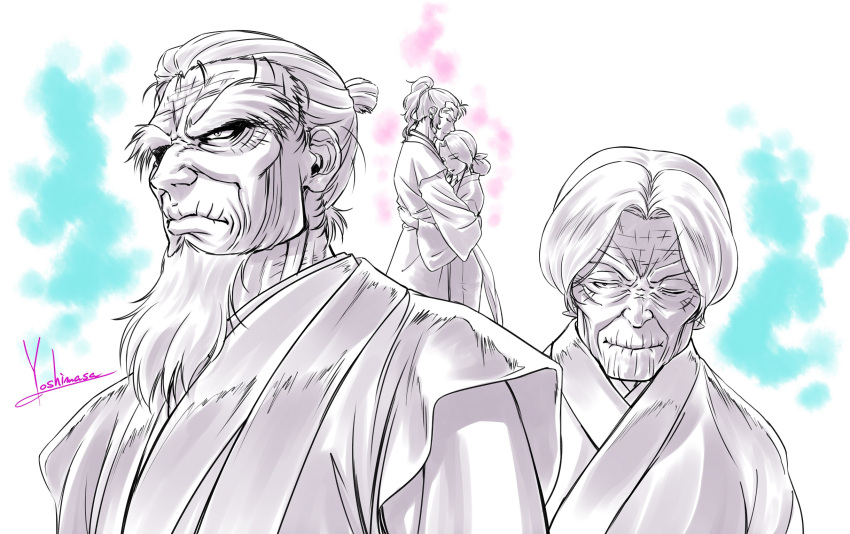 2boys, 2girls, basilisk_(manga), commentary, couple, frown, furrowed_brow, hashtag-only_commentary