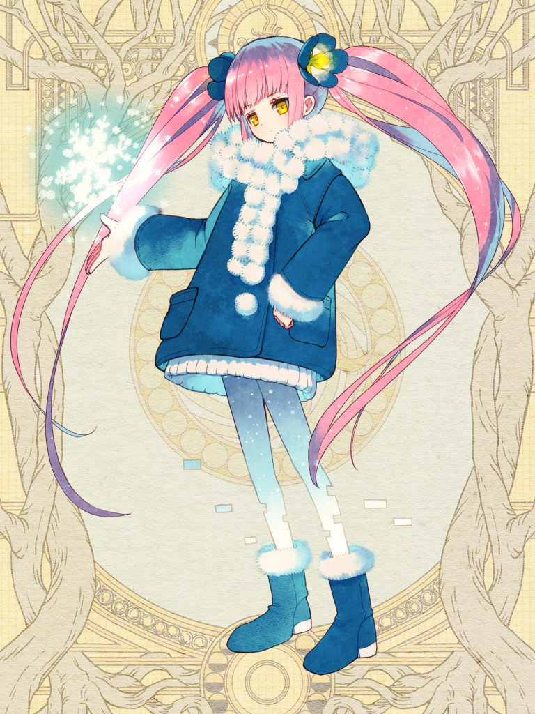 1girl, blue_coat, blue_footwear, blue_scarf, coat, dairoku_ryouhei, flower, full_body