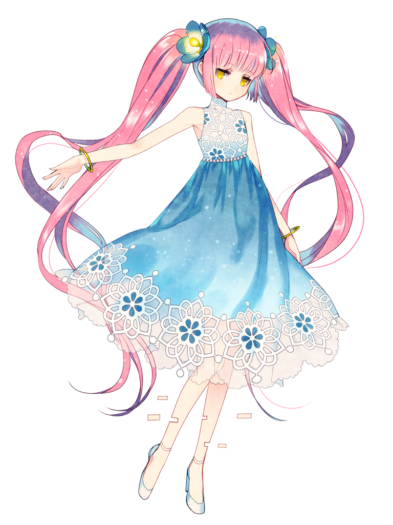 1girl, blue_dress, bracelet, dairoku_ryouhei, dress, flower, full_body, glitch