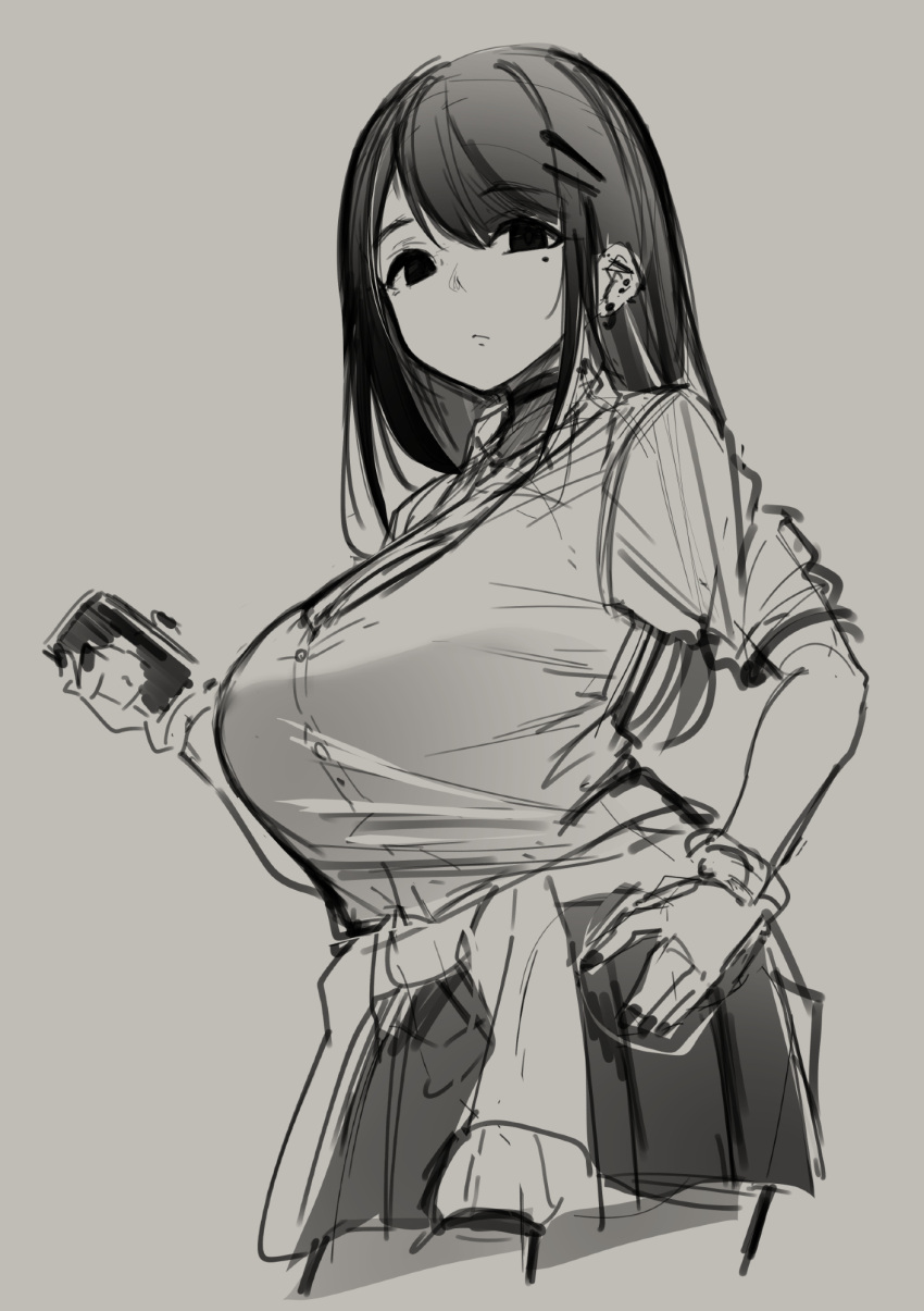 1girl, breasts, choker, closed_mouth, clothes_around_waist, collarbone, commentary, dress_shirt