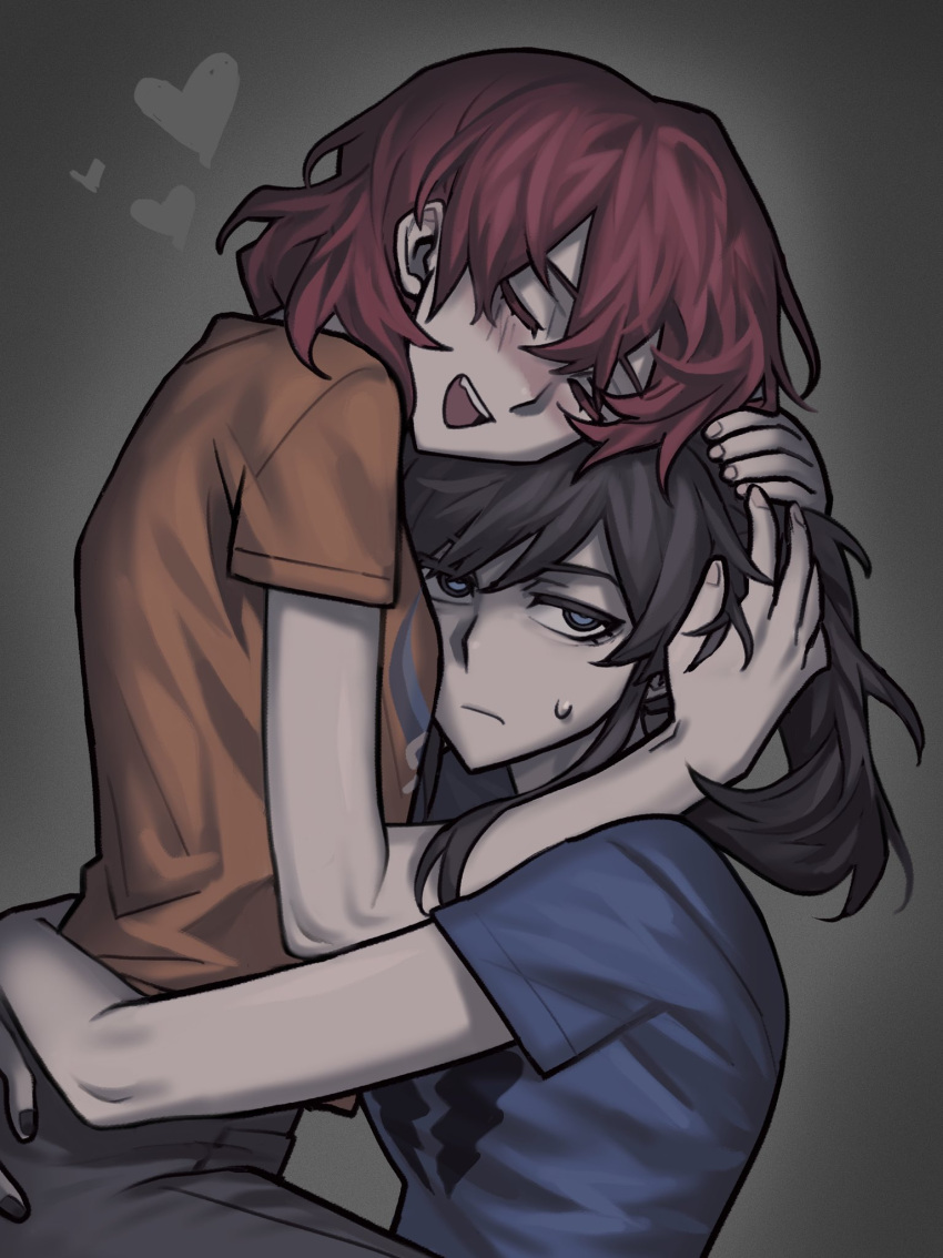 2girls, ari_(class_of_09), black_hair, black_nails, blue_eyes, blue_shirt, blush, bugs_bug_me