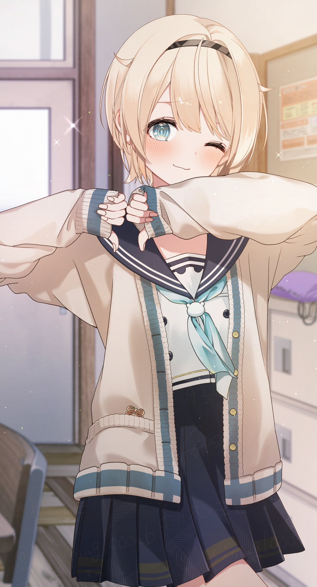 1girl, ;), aqua_eyes, blonde_hair, blush, bob_cut, bulletin_board, buttons
