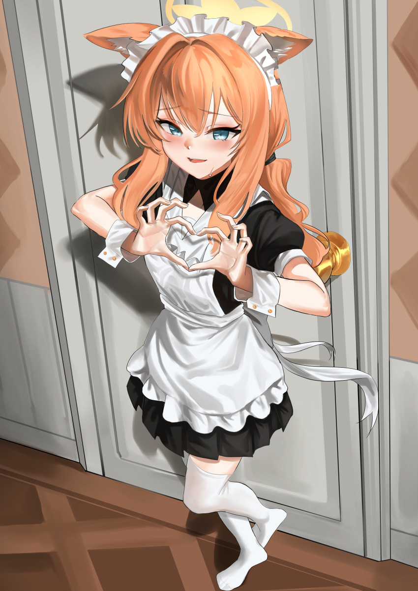 1girl, absurdres, alternate_costume, animal_ear_fluff, apron, bikini, black_dress, blue_archive, dress, enmaided, frilled_apron, frills, full_body, halo, haoma, heart, heart_hands, highres, looking_at_viewer, maid, maid_apron, maid_bikini, maid_headdress, mari_(blue_archive), nervous_smile, orange_hair, puffy_short_sleeves, puffy_sleeves, short_sleeves, smile, standing, sweat, swimsuit, thigh-highs, unconventional_maid, white_apron, white_thighhighs, wrist_cuffs, yellow_halo