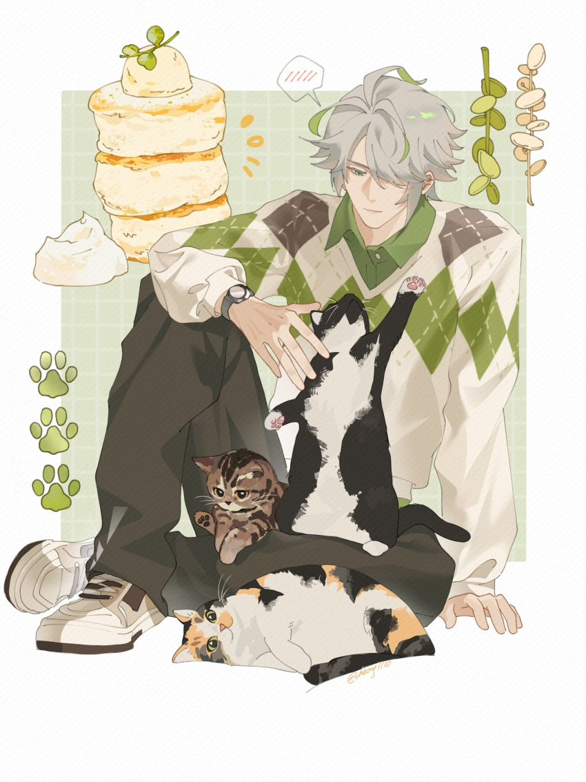 1boy, alhaitham_(genshin_impact), antenna_hair, argyle_clothes, argyle_sweater, arm_support, brown_footwear, brown_pants, calico_cat, cat, cheong1110, closed_mouth, collared_shirt, commentary, detached_sleeves, food, food_request, genshin_impact, green_background, green_eyes, green_hair, green_shirt, grey_hair, hair_over_one_eye, highres, knee_up, light_smile, long_sleeves, looking_down, male_focus, multicolored_hair, one_eye_covered, pants, parted_bangs, paw_print, pawpads, plant, shirt, shoes, short_hair, signature, simple_background, sitting, sneakers, solo, speech_bubble, spoken_blush, streaked_hair, sweater, swept_bangs, symbol-only_commentary, tabby_cat, twitter_username, watch, watch, whipped_cream, white_background, white_footwear, white_sweater, wing_collar