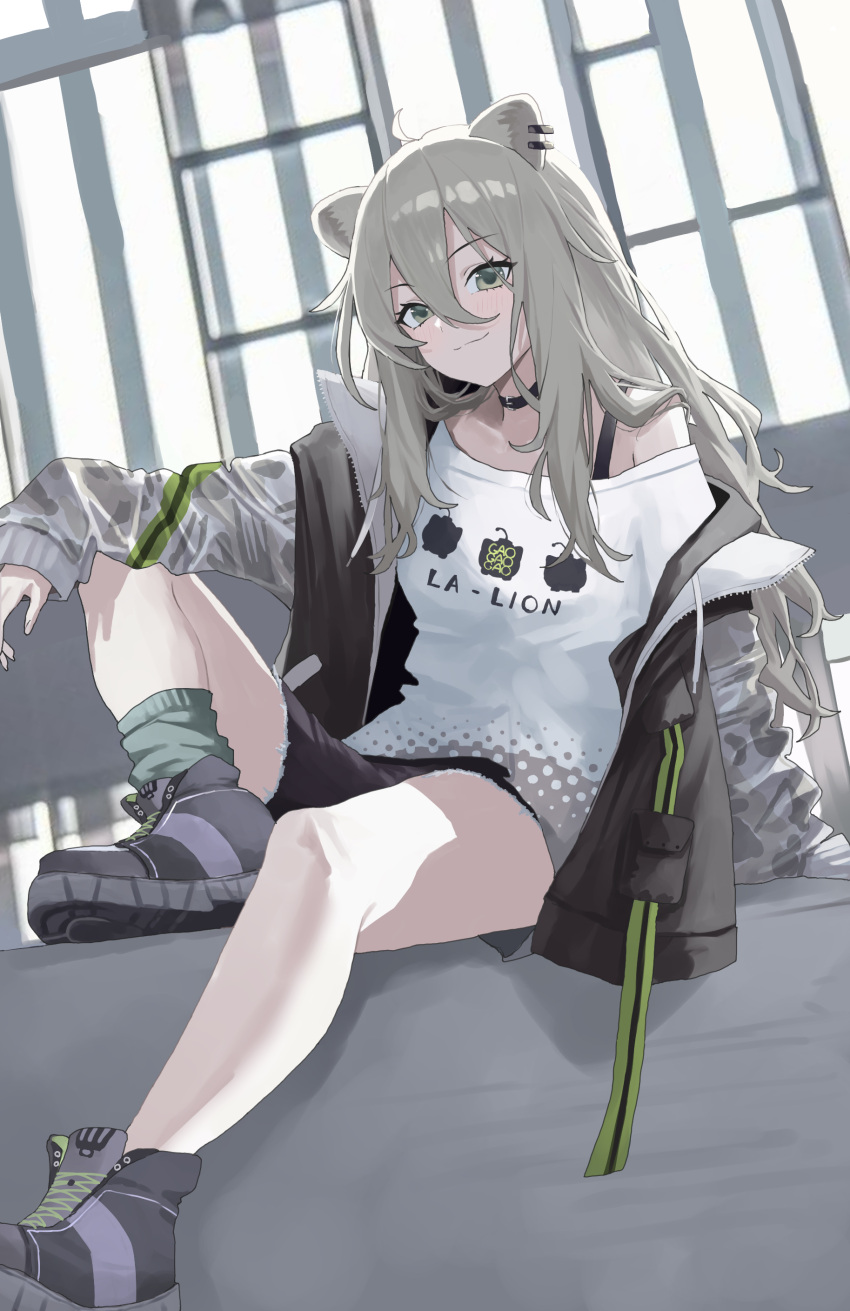 1girl, :3, absurdres, ahoge, animal_ear_piercing, animal_ears, arm_on_knee, art_mu