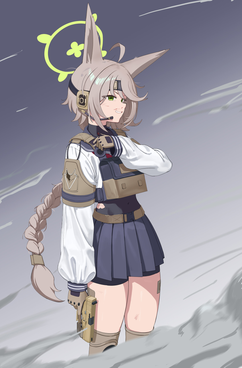 1girl, absurdres, animal_ears, armband, bandaid, bandaid_on_leg, bike_shorts, bike_shorts_under_skirt