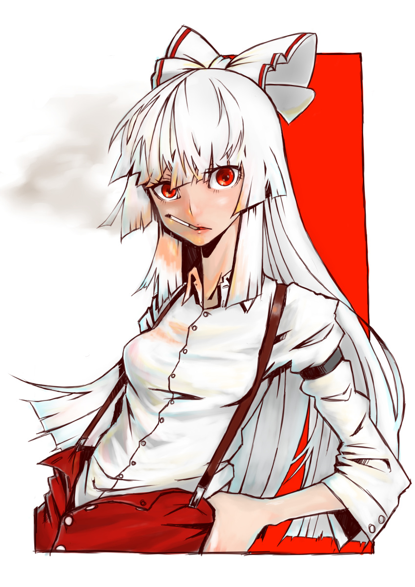 absurdres, bow, cigarette, fujiwara_no_mokou, highres, long_hair, pants, red_eyes, shirt, solo, suspenders, toliuchi, touhou, white_hair