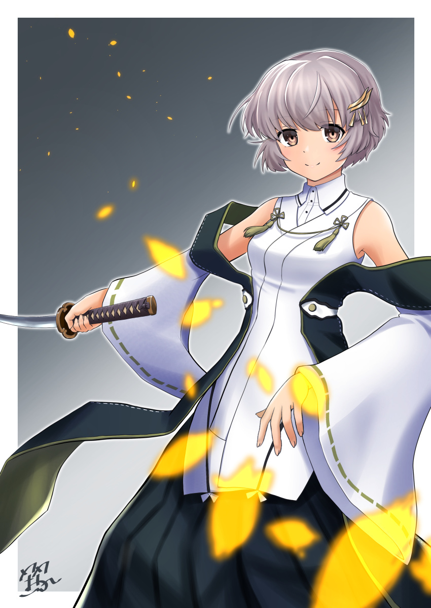 1girl, absurdres, border, breasts, brown_eyes, closed_mouth, collared_dress, commentary_request