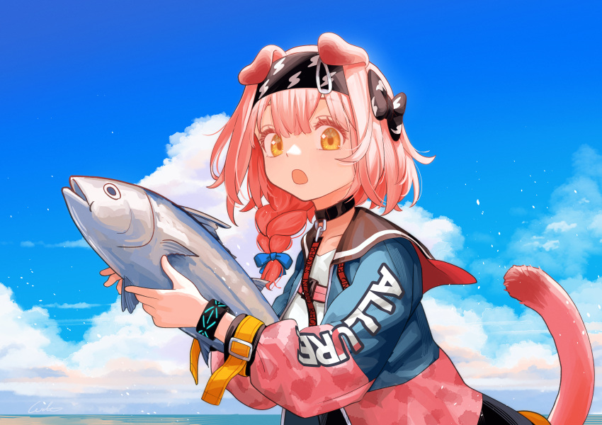 1girl, absurdres, animal, animal_ears, arknights, black_hairband, blue_sky, braid