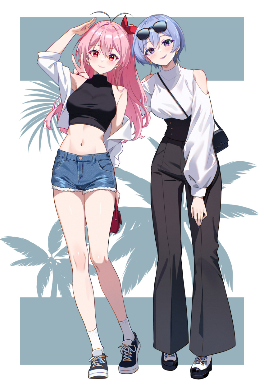 2girls, alternate_costume, antenna_hair, arm_behind_another's_back, bag, bare_shoulders, black_bag, black_footwear