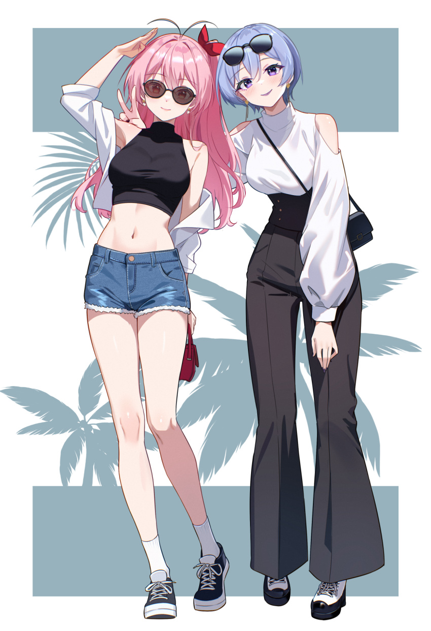 2girls, alternate_costume, antenna_hair, arm_behind_another's_back, bag, bare_shoulders, black_bag, black_footwear