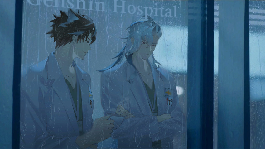 2boys, aqua_shirt, asymmetrical_bangs, black_hair, blue_eyes, blue_hair, blurry, blurry_background