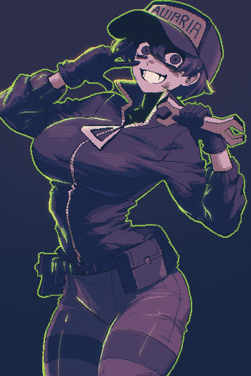 1girl, :d, awaria, baseball_cap, black_gloves, black_hair, black_pants, black_track_suit