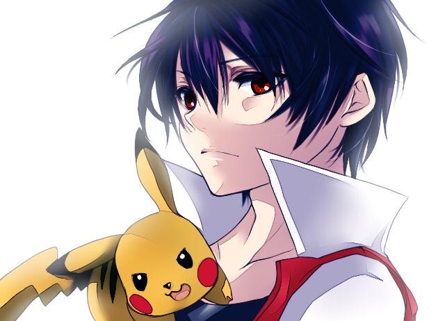 1boy, black_hair, boy, dokidokimuuchama, no_hat, no_headwear, pikachu, pokemon, pokemon_(creature), pokemon_(game), red_(pokemon), red_(pokemon)_(classic), red_eyes, short_hair