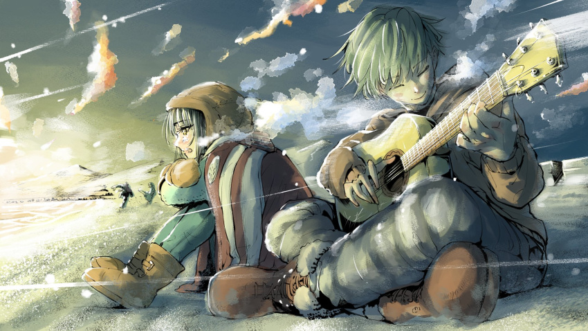 1boy, 1girl, black_hair, breath, brown_coat, brown_footwear, closed_eyes, coat