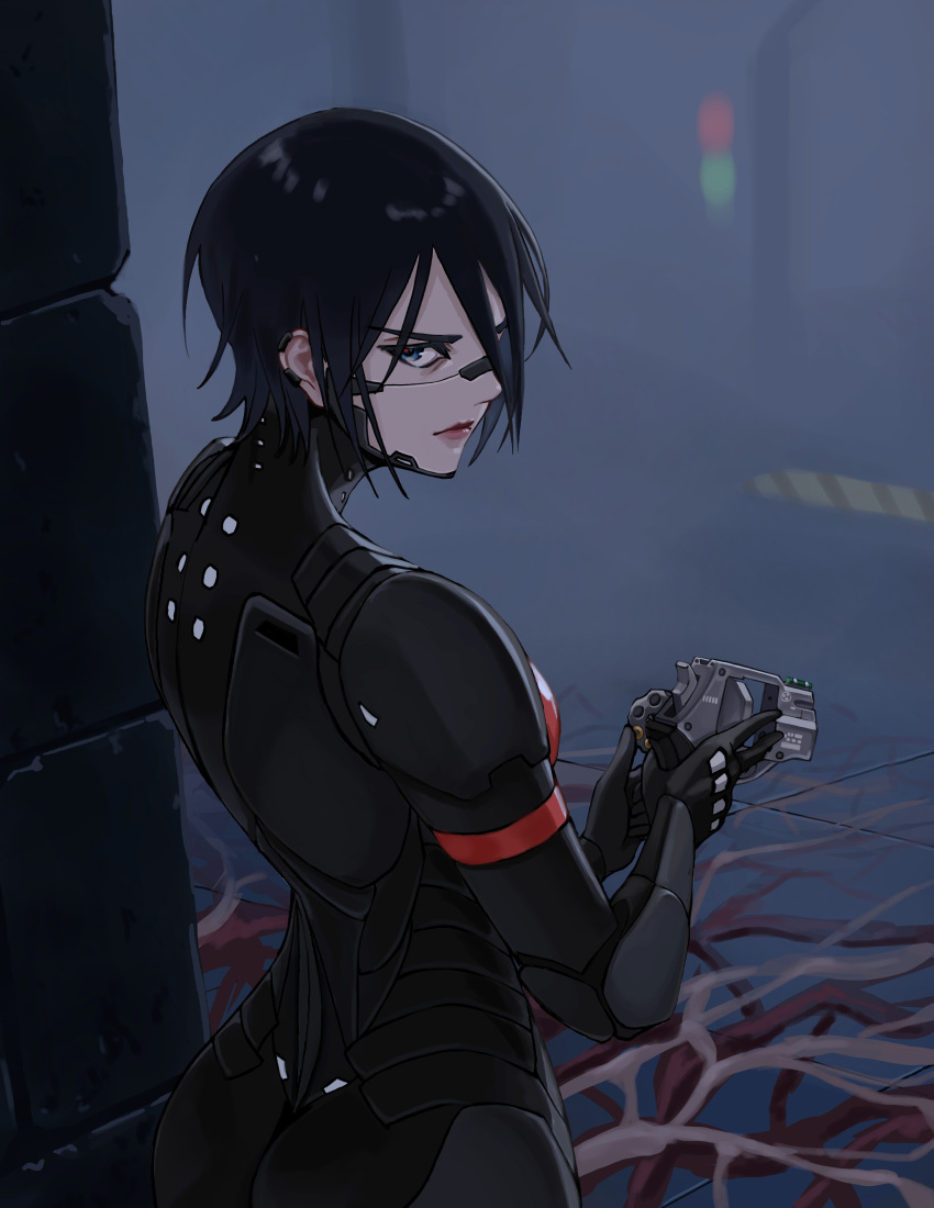 1girl, absurdres, android, ass, black_hair, blue_eyes, chiappa_rhino, elster_(signalis)