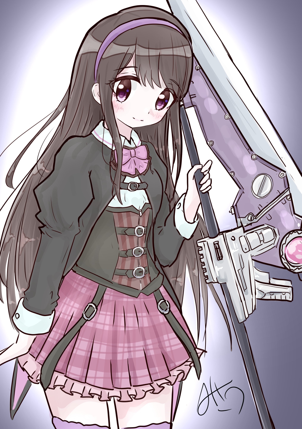 1girl, arm_at_side, artist_name, assault_lily, belt, belt_buckle, black_belt, black_jacket, blush, bow, bowtie, brown_hair, buckle, closed_mouth, collared_shirt, commentary_request, corset, cowboy_shot, frilled_skirt, frills, gradient_background, grey_background, hairband, hand_up, highres, holding, holding_polearm, holding_weapon, jacket, juliet_sleeves, kishimoto_maria_mirai, light_smile, long_hair, long_sleeves, looking_at_viewer, ludvico_private_girls'_academy_school_uniform, miniskirt, misau, pink_bow, pink_bowtie, pink_skirt, plaid_clothes, plaid_skirt, pleated_skirt, polearm, puffy_sleeves, purple_hairband, purple_thighhighs, school_uniform, shirt, sidelocks, signature, skirt, solo, standing, thigh-highs, underbust, very_long_hair, violet_eyes, weapon, white_background, white_shirt, zettai_ryouiki