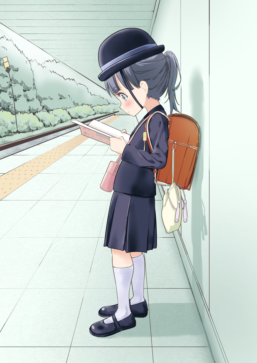 1girl, absurdres, backpack, bag, black_footwear, blue_eyes, blue_hair, bowler_hat