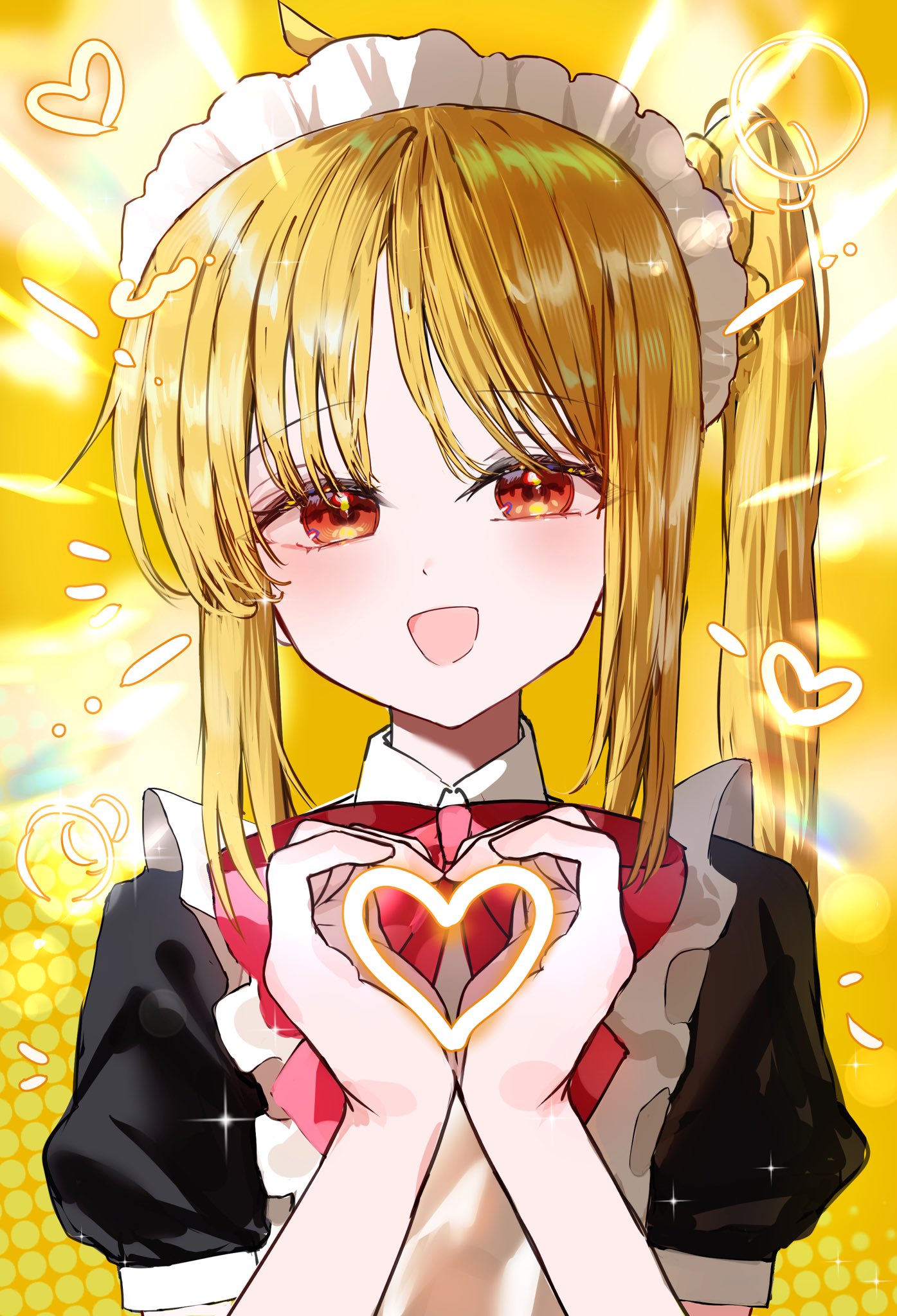 1girl, :d, aaaa665951, ahoge, apron, blonde_hair, blush, bocchi_the_rock!, bow, bowtie, commentary_request, dotted_background, emphasis_lines, frilled_apron, frills, hands_up, heart, heart_hands, highres, ijichi_nijika, korean_commentary, long_hair, looking_at_viewer, maid, maid_headdress, open_mouth, ponytail_with_braided_base, puffy_short_sleeves, puffy_sleeves, purikura, red_bow, red_bowtie, red_eyes, short_sleeves, side_ponytail, sidelocks, smile, solo, straight-on, upper_body, white_apron, white_headdress, wing_collar, yellow_background, yellow_theme