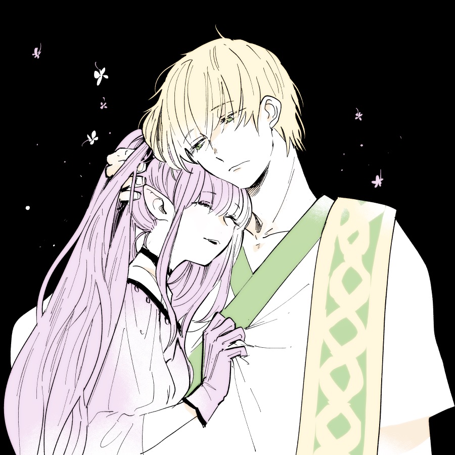 1boy, 1girl, black_background, blonde_hair, closed_eyes, closed_mouth, clothes_grab, commentary