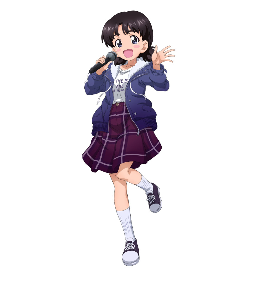 alternate_costume, black_eyes, black_footwear, black_hair, blue_jacket, checkered_clothes, checkered_skirt, collarbone